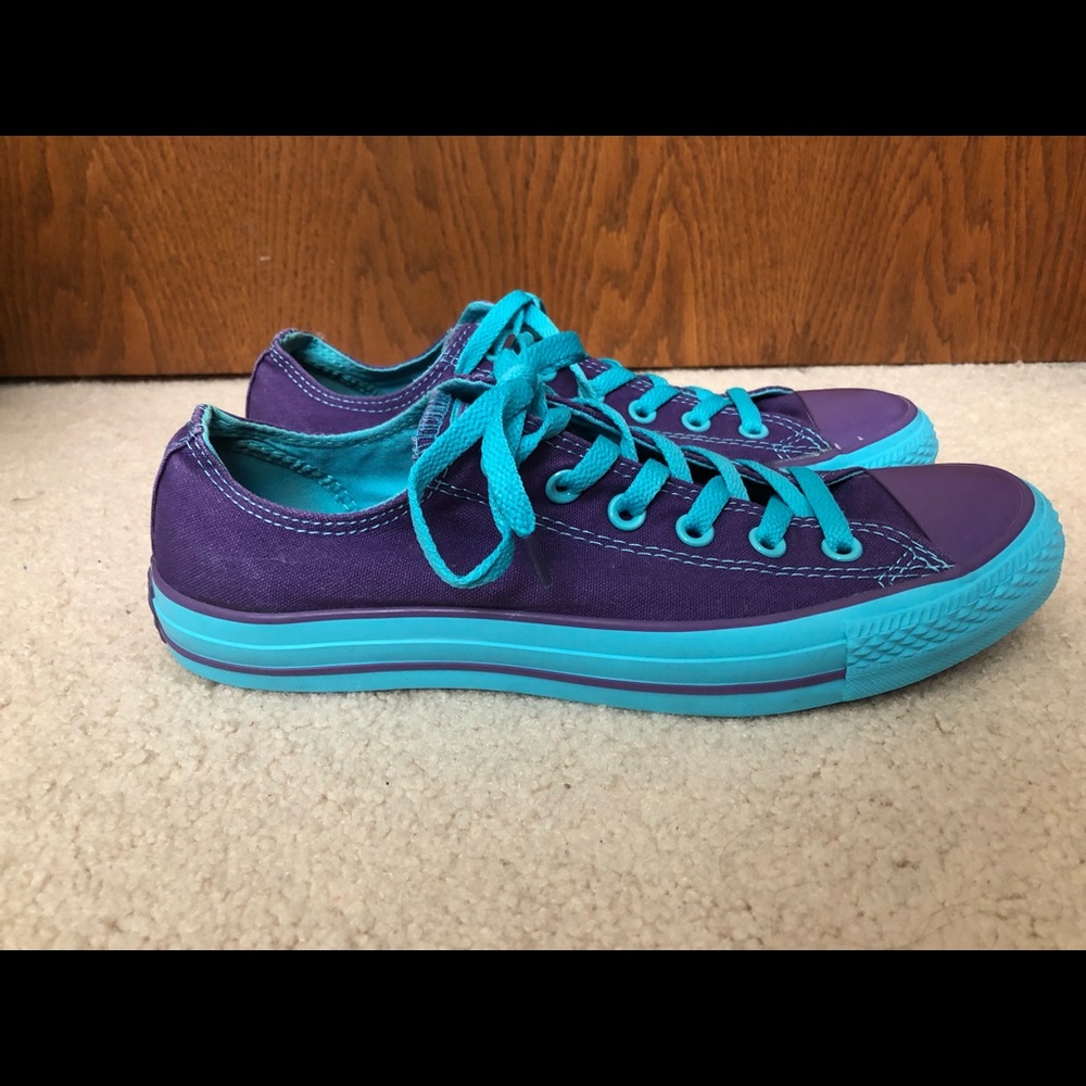 Bright blue and purple converse